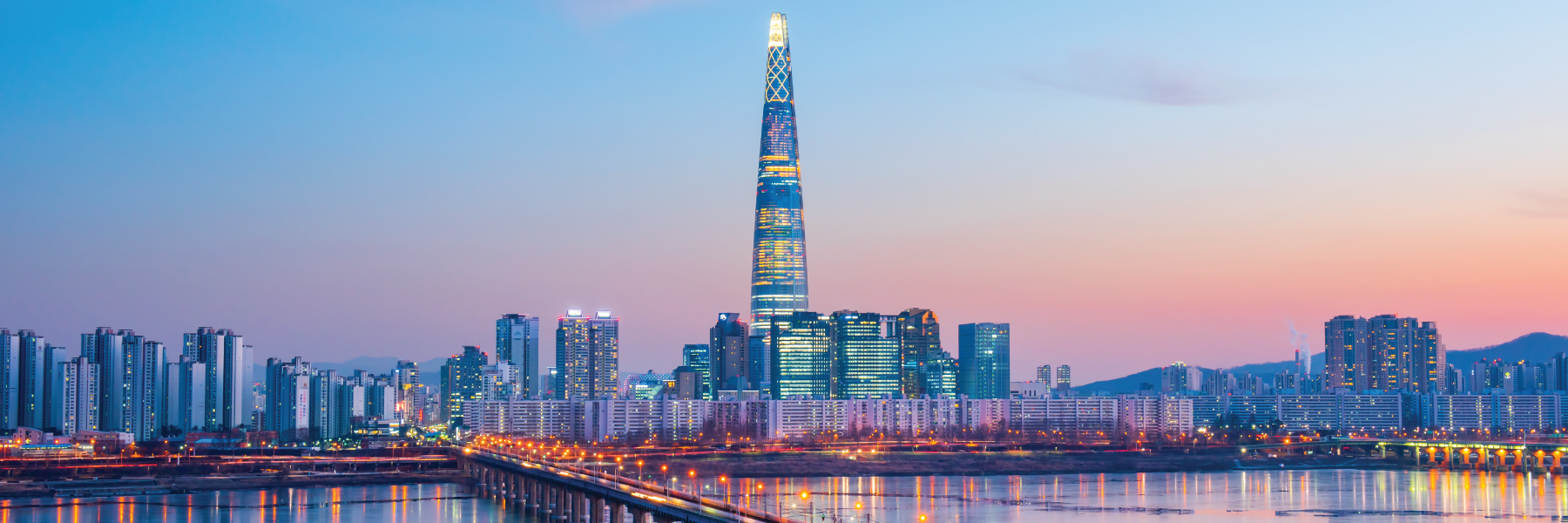 seoul skyline over han river sunset